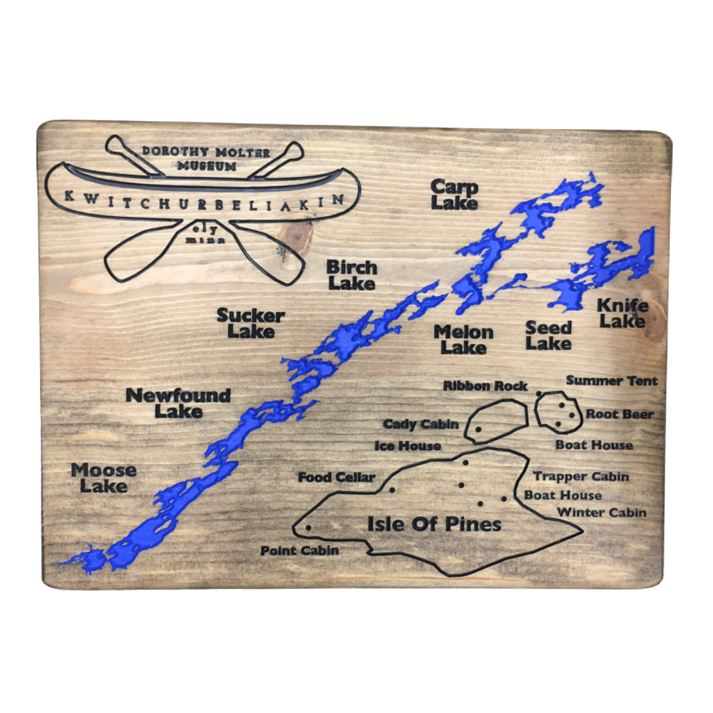 Custom knife lake route wooden map dorothy molter museum dorothy